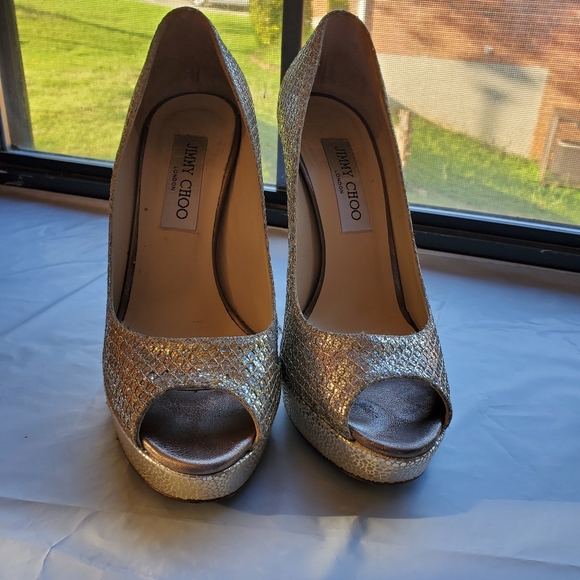 Jimmy Choo Peep-Toe Metallic 5" Stiletto heels Silver Italian 37 (US 7) - Picture 2 of 10
